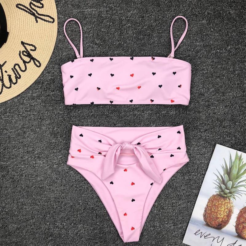 2 Piece Heart Print Bandage Swimsuit Bikini Set Push Up Swimwear High Waisted Girls Bathing Suit