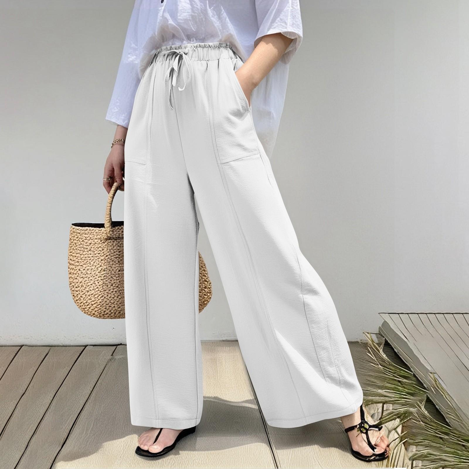 

Женские модные повседневные брюки однотонные с высокой талией широкие брюки с карманами XL белый