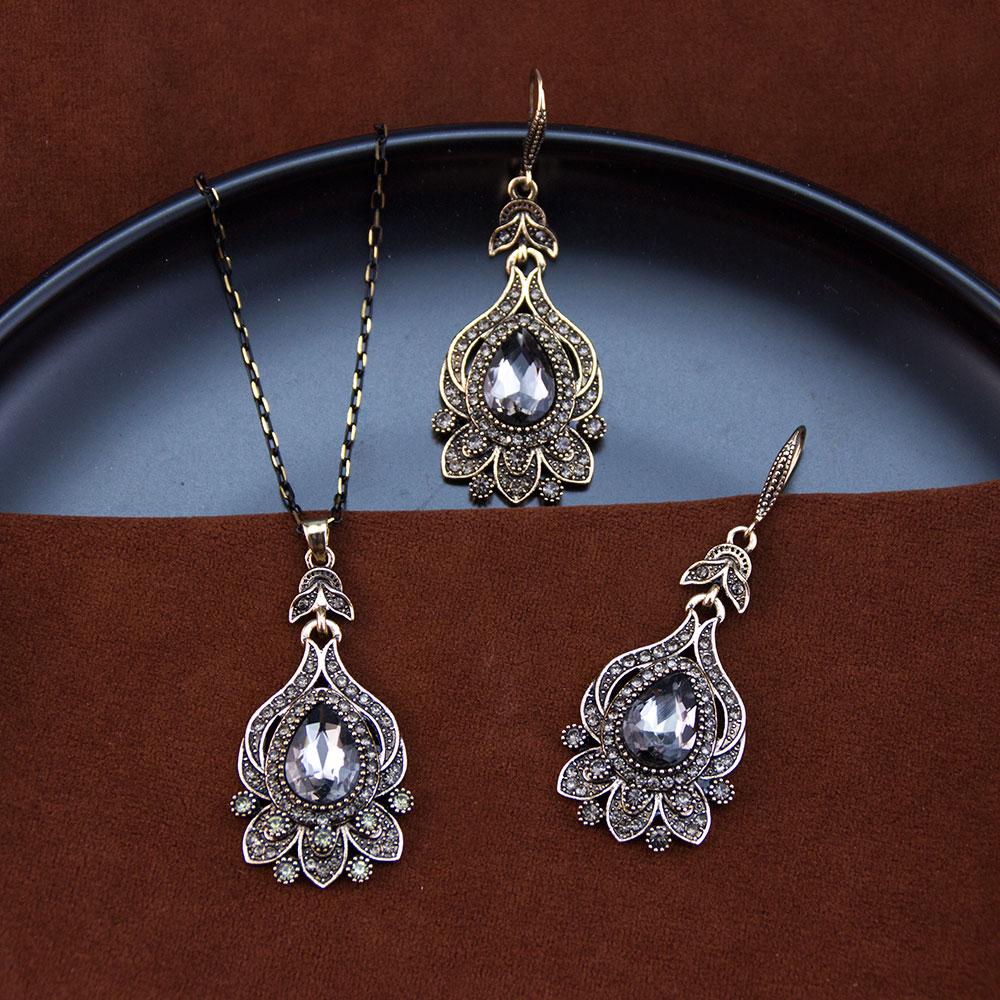 Vintage Damskie Kolczyki Naszyjnik Biżuteria Turecki Styl Czterolistnej Koniczyny Wisiorek Antyczny Złoty Kolor Bohemia Bijoux