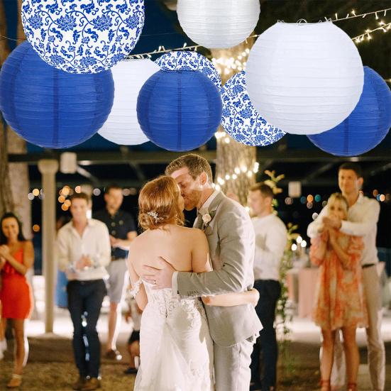 9 Pezzi Lanterna Chinoiserie Blu e Bianca Appesa Lanterna di Carta Rotonda Decorazione per Matrimonio Festa di Compleanno Decorazione da Soffitto