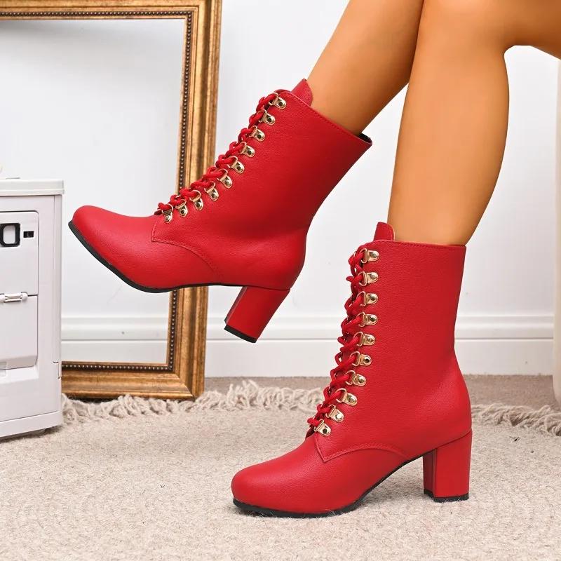 Men Women Plus Size Boots NonSlip LaceUp RoundToe PlusSize Rivet Front Lace Booties Fashion Round Toe Non Slip Wear Resistant Block Heel Shoes