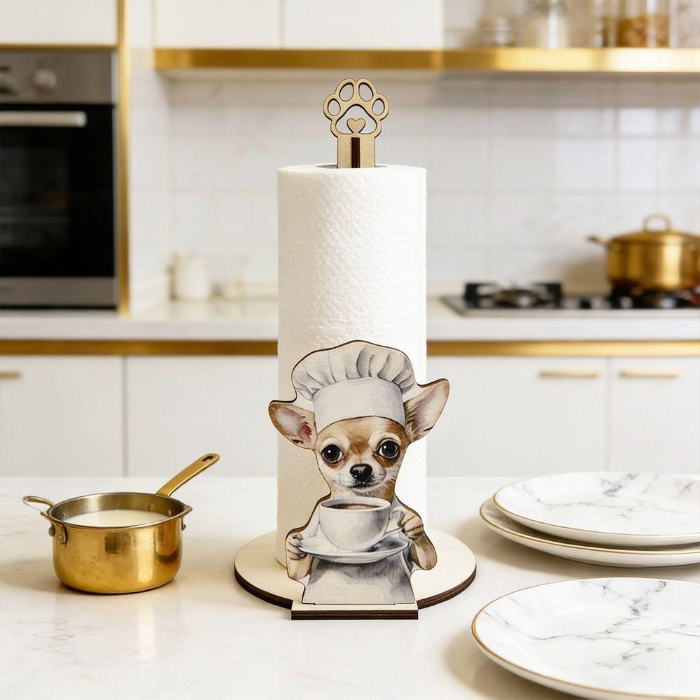 Cute Animal Cat Paper Towel Holder Weighted Base Easy One-Handed Tear Countertop Paper Towel Holder Wooden Rotating Roll