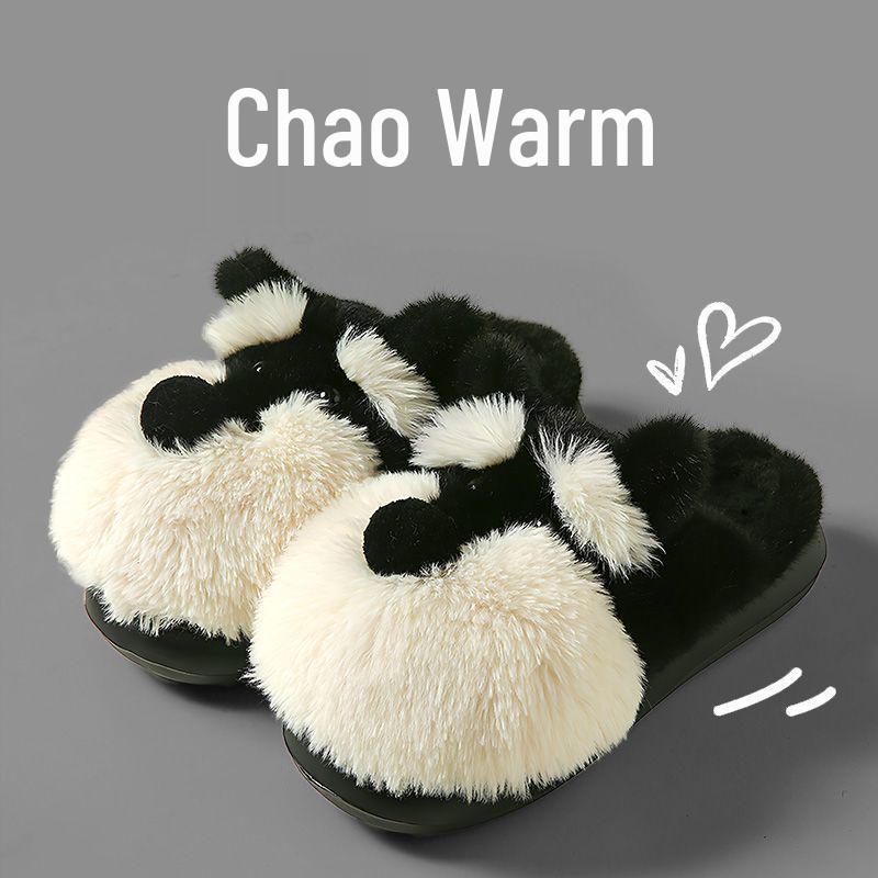 Women's Warm Furry Schnauzer Puppy Slippers - Cute Cartoon Cotton Indoor Footwear for Autumn & Winter