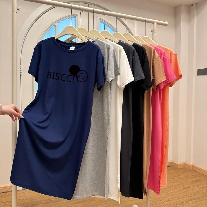 Knee-length T-shirt Dress, Loose, Casual and Laid-back Style Straight Skirt, Round-neck Double Slit Short-sleeved Dress for Women In Summer