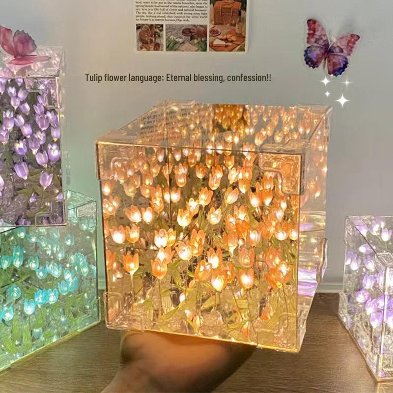 Tulip Flower Cube Night Light DIY Kit - Romantic Qixi Gift for Couples and Girlfriends