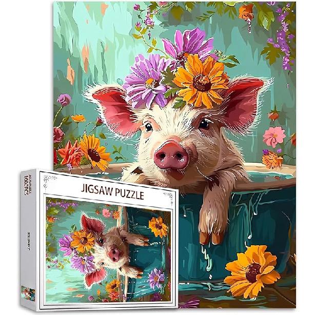 Adorable Pig in Bathtub Jigsaw Puzzle 1000 Pieces Puzzles for Adults, Farmhouse Animal Flowers Jigsaw Puzzles for Challenging Family Activity Games