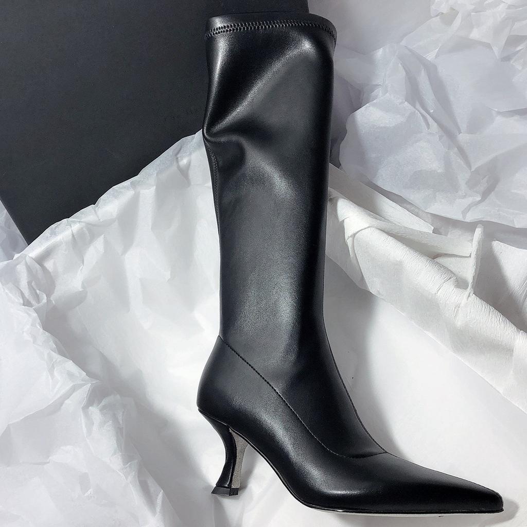 Elegant High Heels Women's 2025 New Fashion Pointed Slim Heels Knee High Boots with Side Zipper Temperament Long Tube Boots