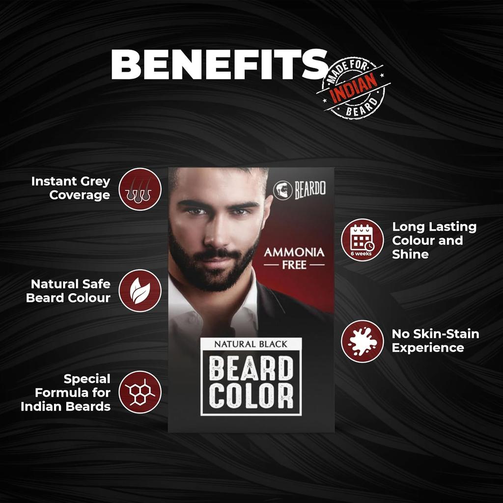 Beardo Beard Color For Men Natural Black 60 ml Long Lasting No Ammonia Easy Apply No Stain Beard Hair Dye Skin Friendly