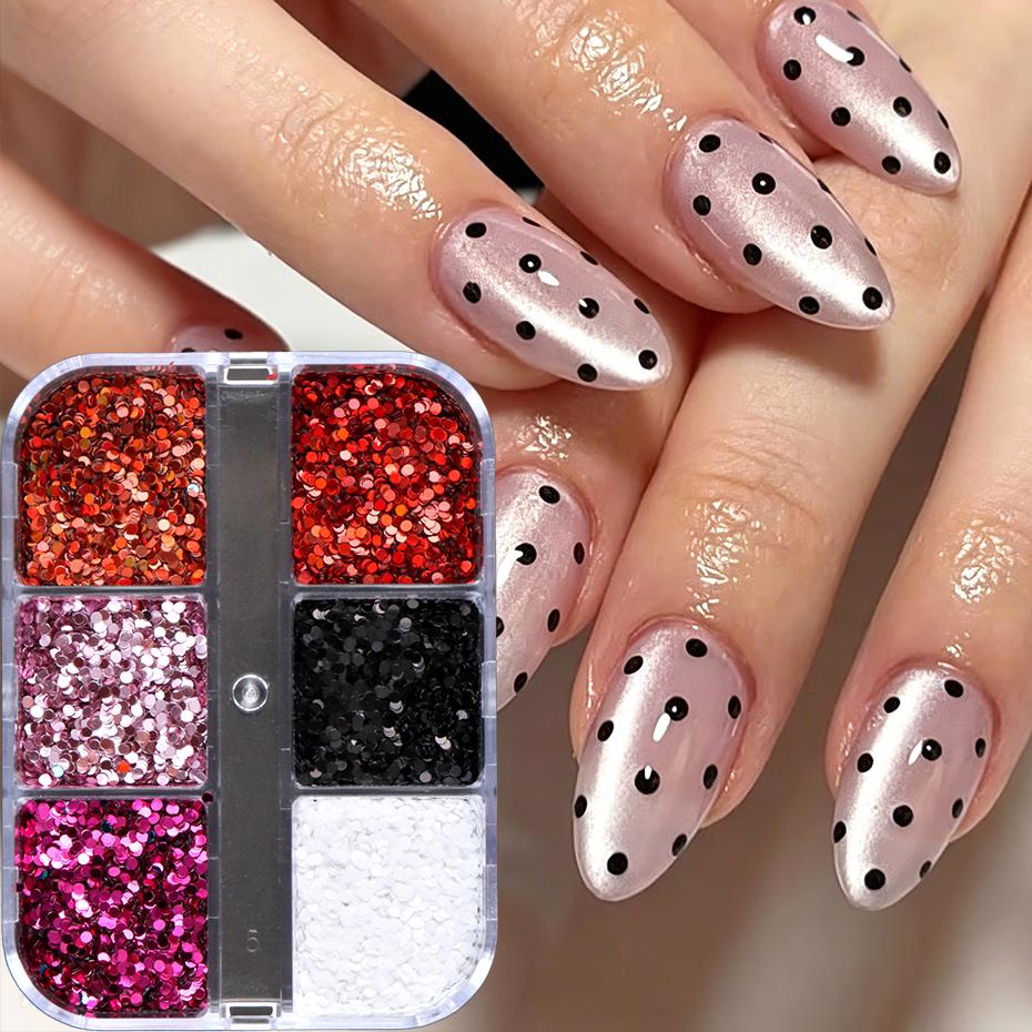 Xiaomi 6 Grids Polka Dot Nail Art Sequins Red Pink Black White Round Dot Nail Glitter Flakes Confetti Manicure Nail Charms Decorations