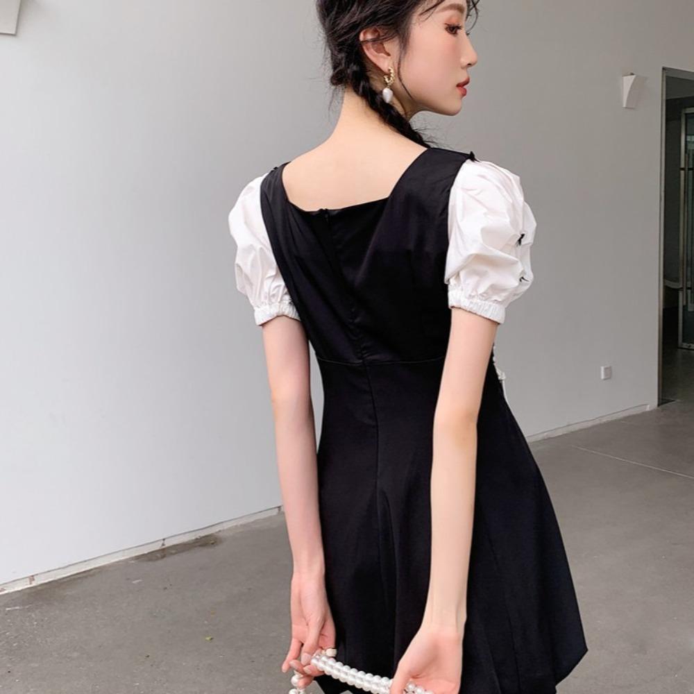 Sweet Short Dress Women Pleated Puff Short Sleeve Dress Fashion A- Line Fairy Dress  Students
