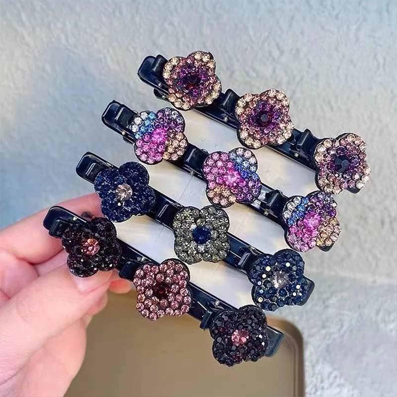 4Pcs Satin Fabric Hair Bands Four-Leaf Clover Chopped Hairpin Duckbill Clip Braided Hair Clip With