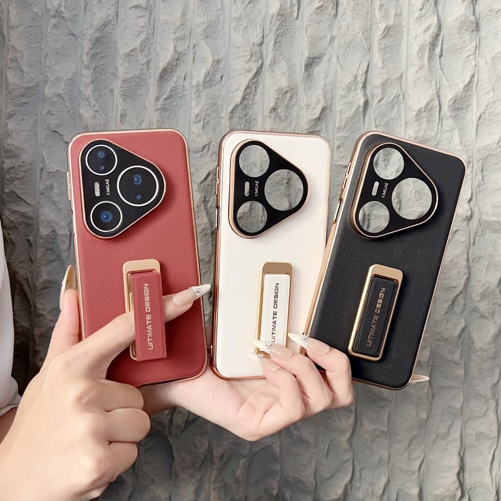 For Huawei Pura 80 70 Pro Plus Ultra Genuine Leather Case Camera Lens Protector Finger Grip Metal Bracket Electroplating Cover