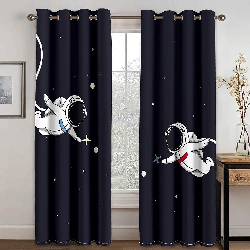 Kids Space Curtains Galaxy Rocket Astronaut Starry Art Printed for Boys Bedroom Playroom Nursery Decor