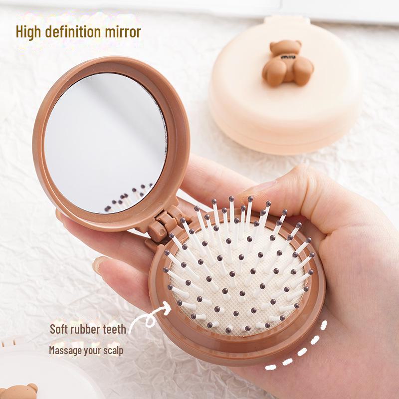 Mignon Ours Miroir Pliant & Peigne Coussin d'Air - Mini Brosse de Massage Portable avec Miroir