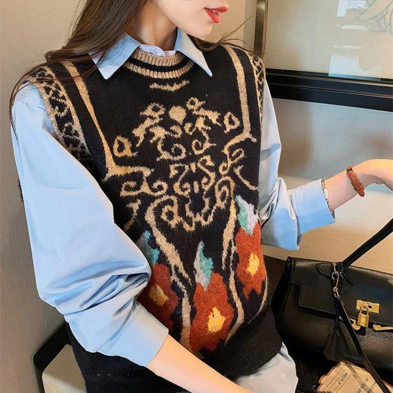 Retro Embroidered Style Knitted Vest Women's Round Neck Knitted Pullover Sleeveless Top Thin Sweater Commuting Casual Autumn