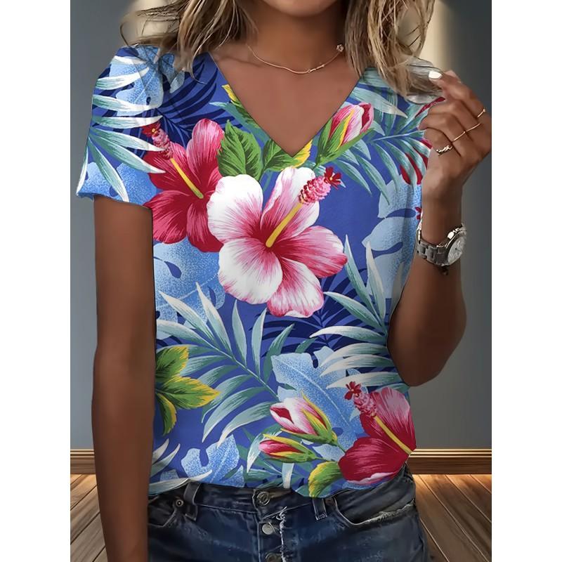 Womens V-Neck Loose Fit Short Sleeve T-Shirt With Colorful Geometric Starry Print Casual Top