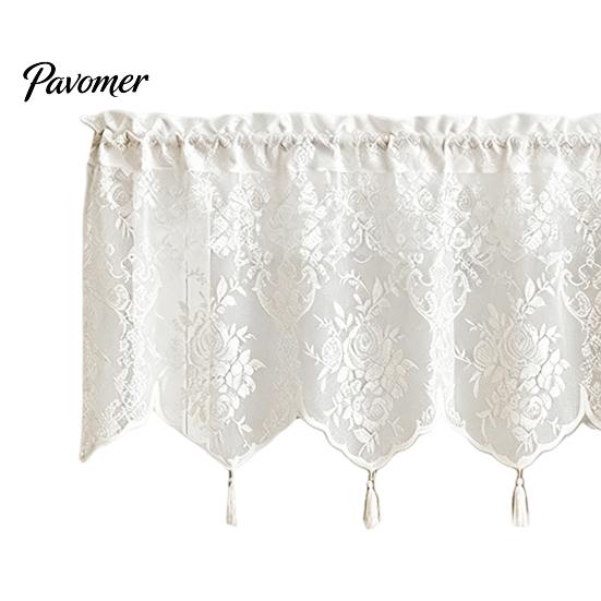 French Rose Lace Curtain Window Valance Curtain, White Sheer Short with Tassels And Rod Pocket, Vintage Light Filtering for Living Room Bedroom Breeze