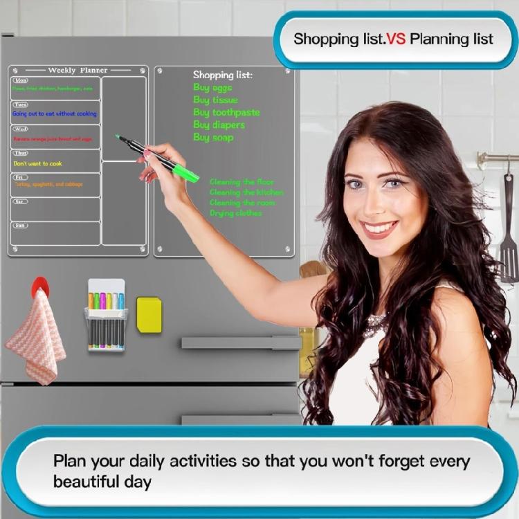 Dry Erases Board Acrylic Magnetic Meal Planner Weekly Calendar with 6 Colors Markers Menu Board for Refrigerator