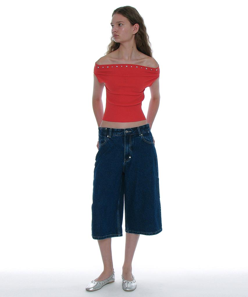 PARTIMENTO WOMEN Studded Off-Shoulder Knit Top_Red