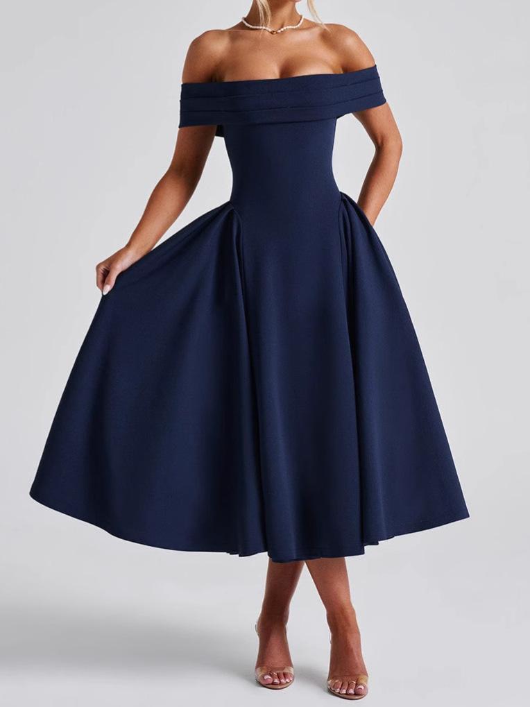 European and American Women's Clothing Fashionable and Sexy One-word Collar Long Dress Backless Solid Color Tube Top Dress