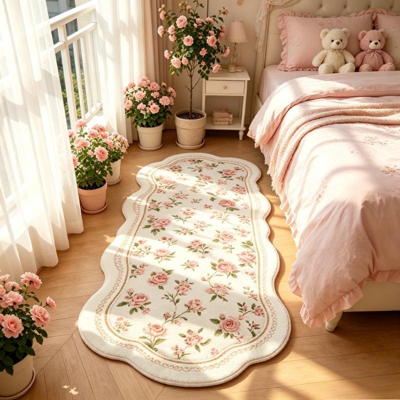 Mädchenhafter Stil Teppiche für Wohnzimmer Rosa Blumen Schlafzimmer Dekor Teppich Flauschig Weich Unregelmäßiger Nachttischteppich Zuhause Verdicken Fußmatte