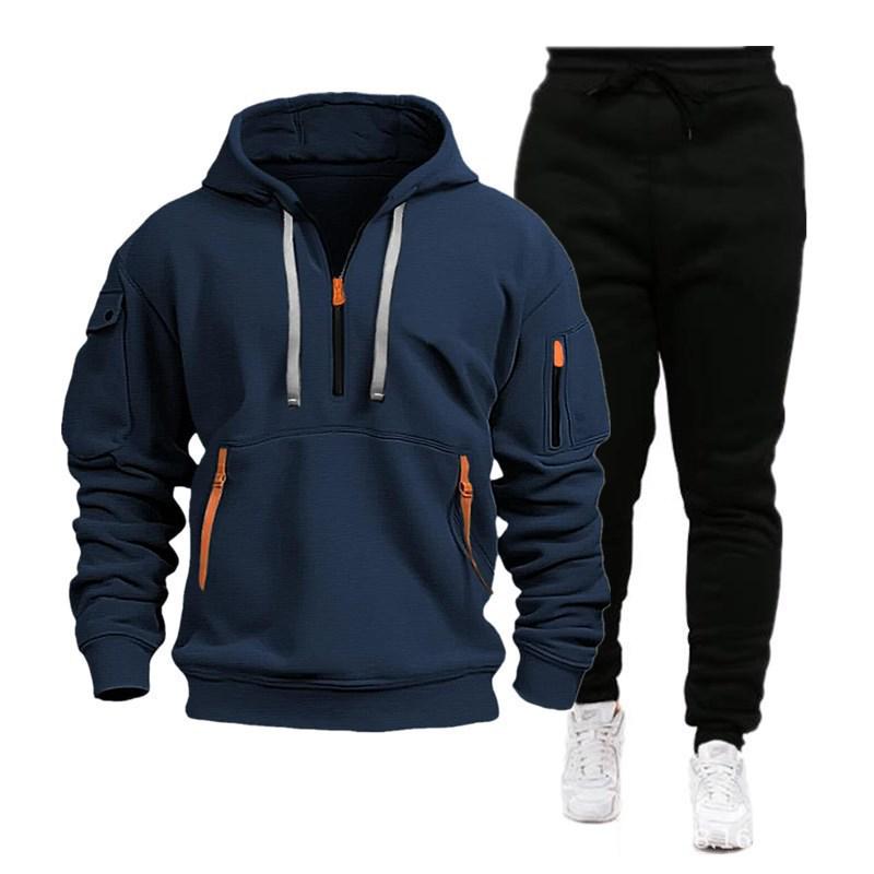 Men's Multi-Pocket Hoodie and Sweatpants Set - Solid Color, Spring/Autumn Sportswear