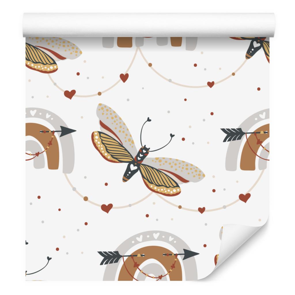 Rainbows and Butterflies Boho Wallpaper, Light Gray and Orange, 50x1000