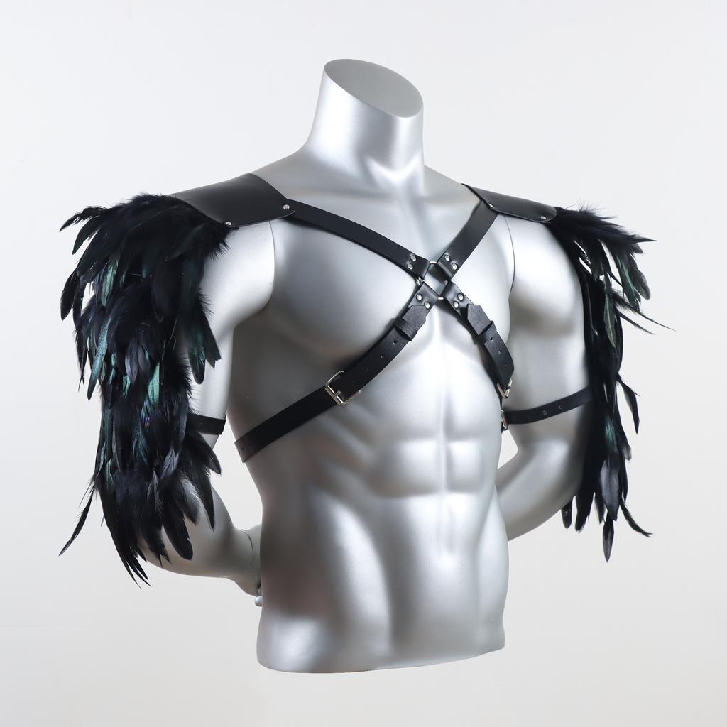 Vintage PU Leather Body Chain Harness with Feather Shoulder Armor Medieval Viking Style Chest Strap Halloween Cosplay Accessorie