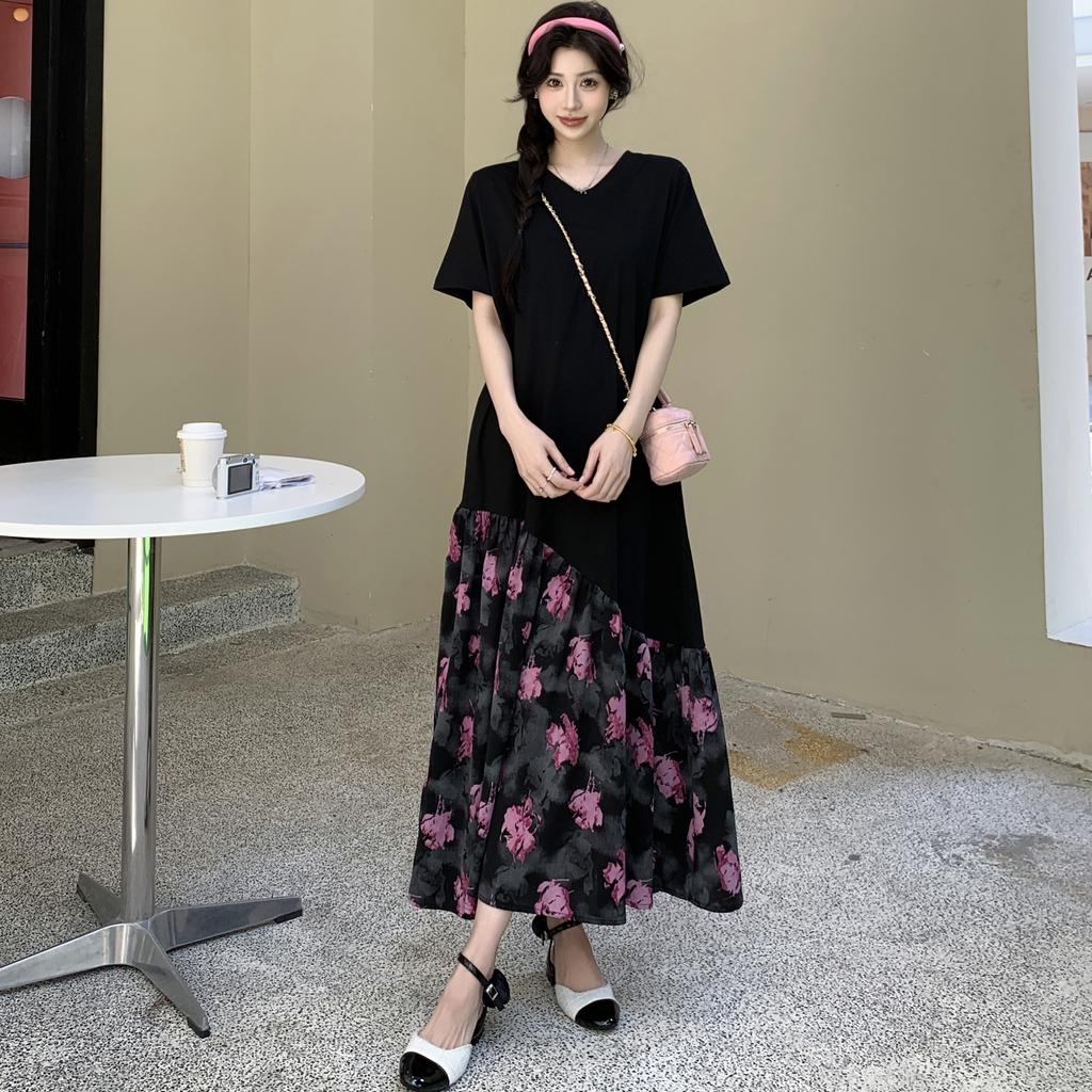DIMANAF 2025 Women Summer Long Dress Vintage Short Sleeve Shirt Floral Dress Basic Casual Loose Plus Size Dress