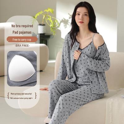 Women's Pure Cotton Three-Piece Set: Long Sleeve Camisole, Long Pants with Chest Pads for Spring and Autumn. Suitable for Outdoor and Home Wear.
