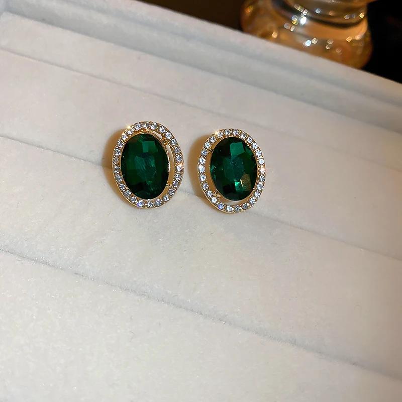 Vintage Emerald Green Rhinestone Stud Earrings For Women Inlaid Crystal Stud Earrings For Bridal Wedding Ear Zircon Gifts