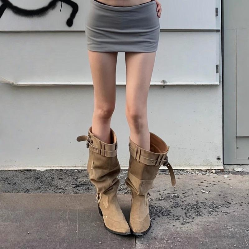 But knee boots women's autumn and winter khaki suede pointed boots children thick heel thin pleated piled boots