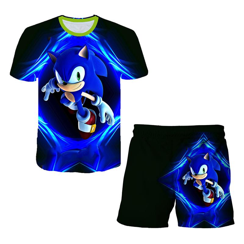 2025 MINISO Ny Japansk Tecknad Sonic 2 T-shirt Barnens Topp Shorts Tvådelat Set Sommar Pojke Tecknad Söt SONIC T-shirt+ Strandbyxor
