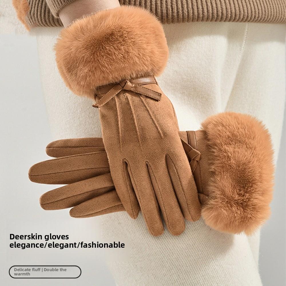 Velvet Pu Leather Gloves Bow Women Cycling Mittens All-Match Winter Suede Gloves Winter