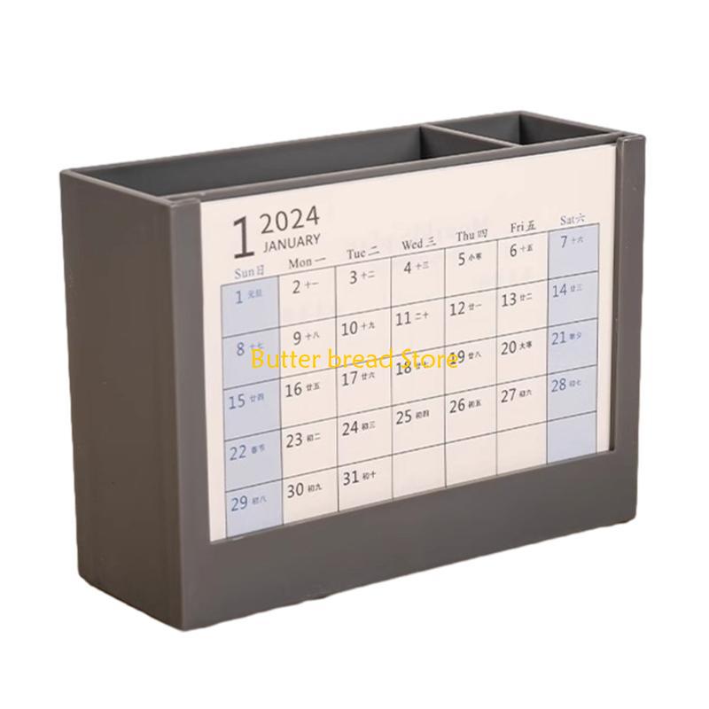W89C Multifunctional Pen Holder with 2025 Desk Calendar, Office Desktop Organiser Pencil Holder with 2025 Monthly Calendar