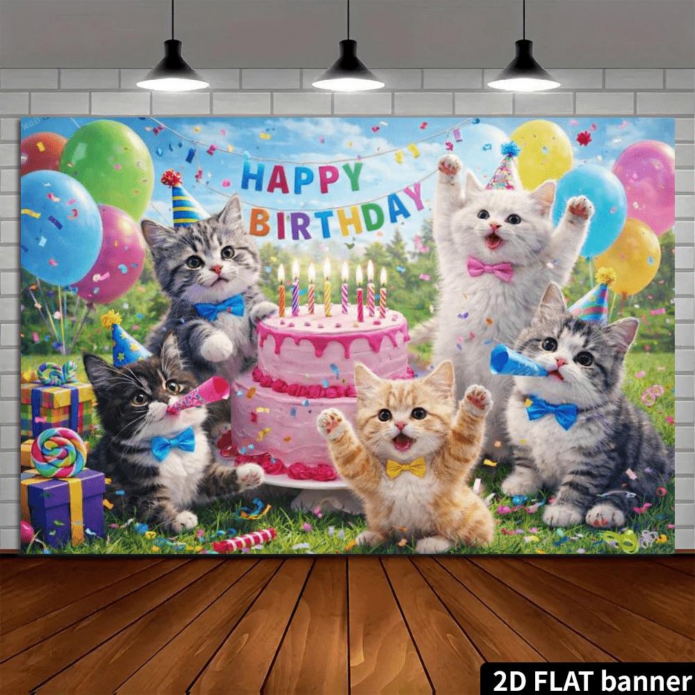 2D Plane Lawn Background Cloth for Celebrating a Cat's Birthday Featuring Five Cute Cats and a Double-layered Pink Cake Element
