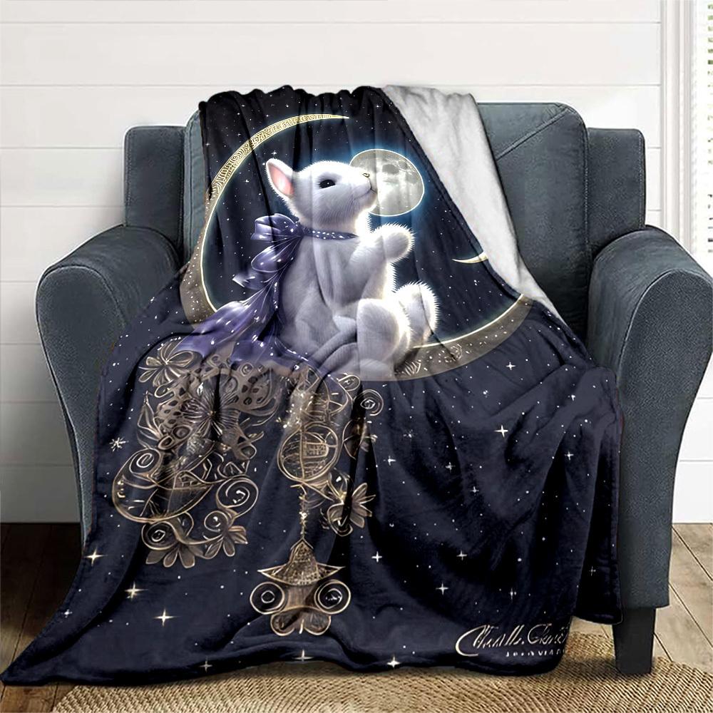 1pc rabbit moon blanket Lightweight Flannel Throw for Sofa Bed Travel Camping Livingroom Office Couch Chair