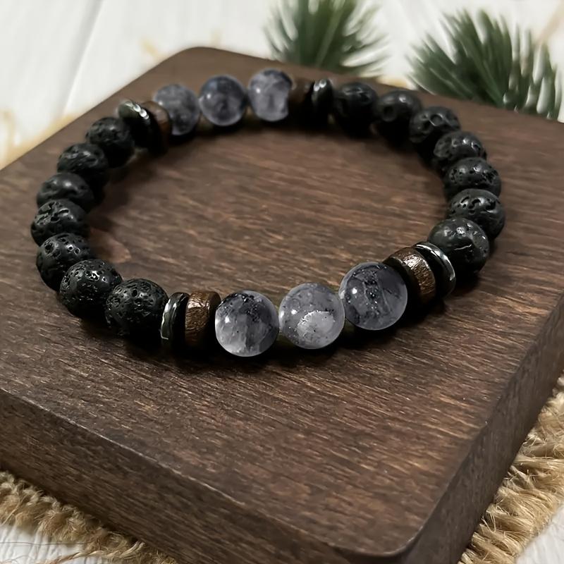 1pc Black Obsidian, Round Natural Stone Hand Beaded Inner Peace and Self-Discovery Unisex Fashion Jewelry Accessory, 7.48 inch(19cm)