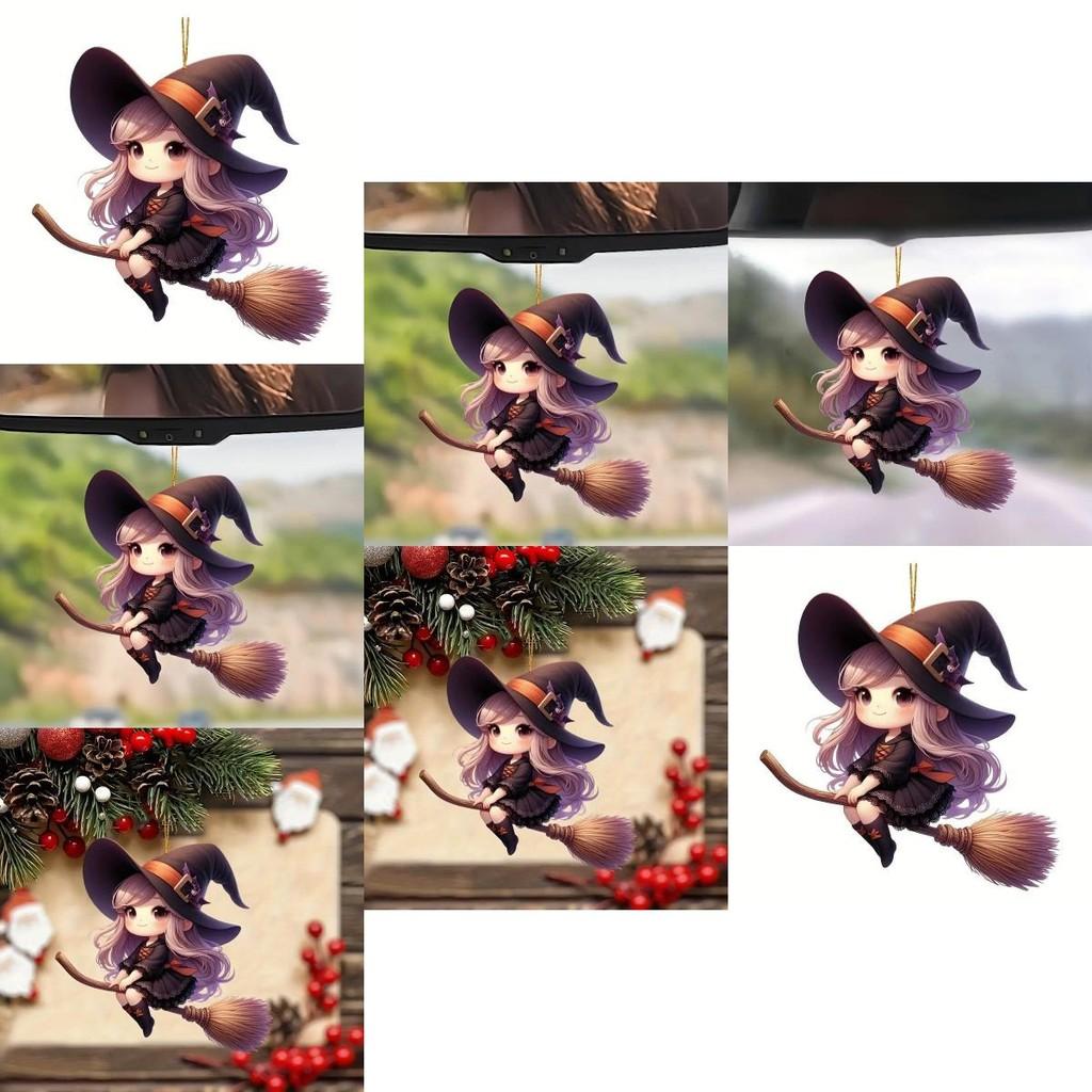 Halloween Cartoon Acryl Autoanhänger mit Hexenbesen für Fahrzeugdeko