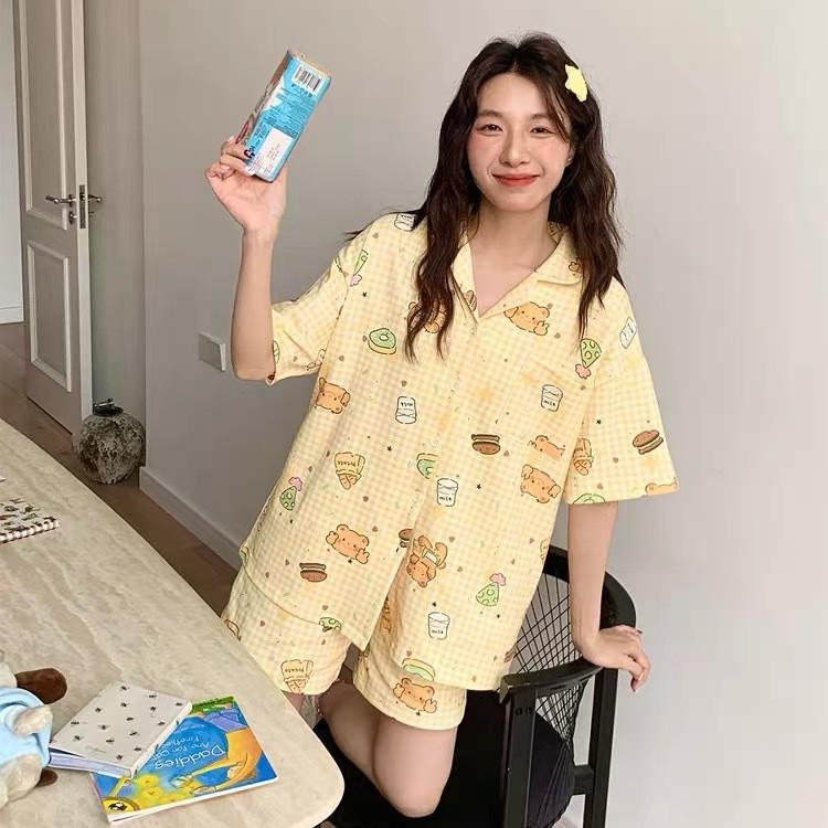 Yellow plaid bear pajamas women's summer new short-sleeved sweet high-value loungewear girl princess style suit
