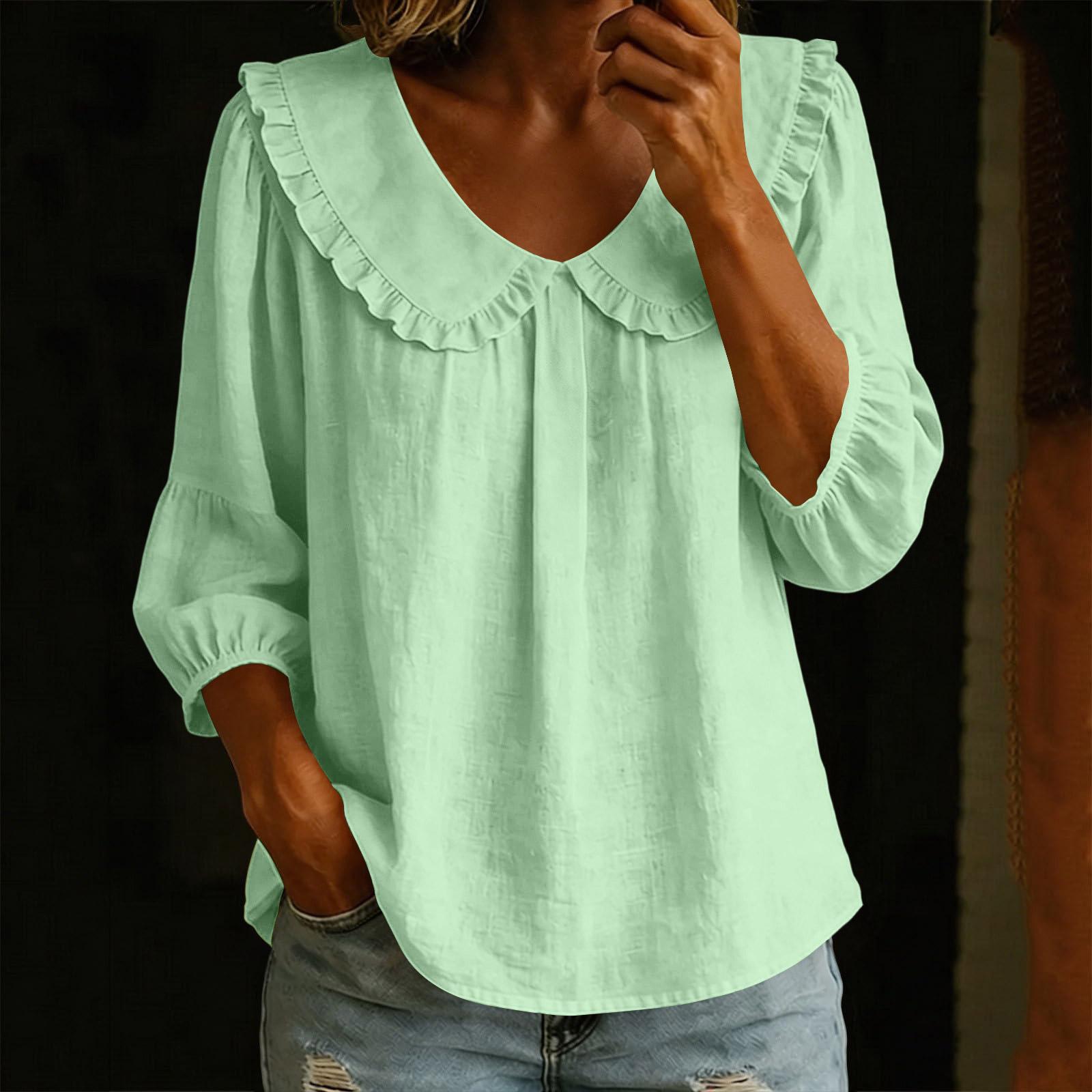 

Women Casual Fashion Shirt Ruffle Trim 3/4 Sleeve Blouse Loose Fit Lightweight Top for Everyday Wear L