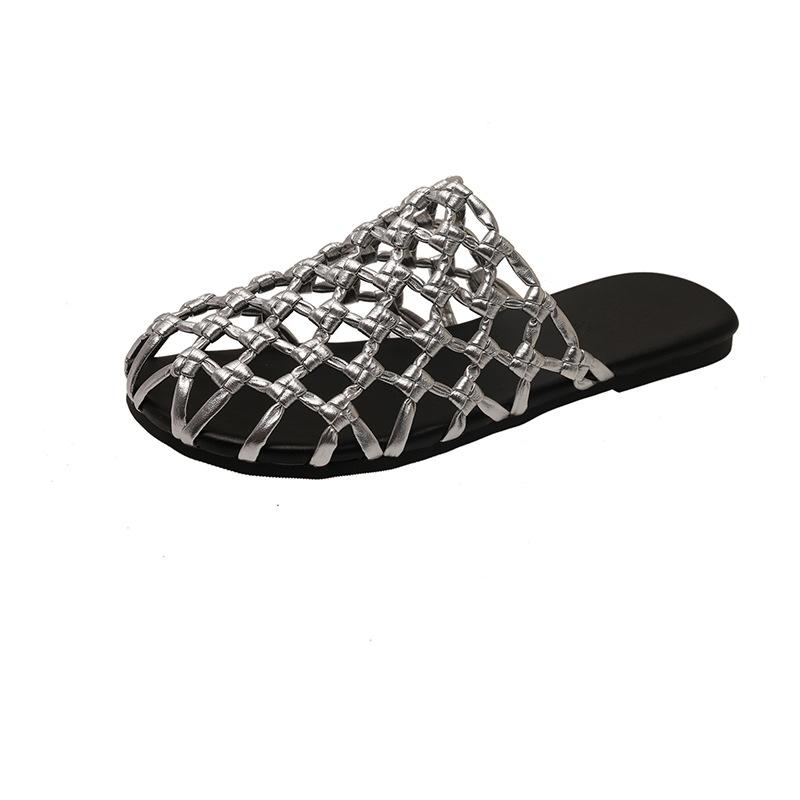 

Summer New Breathable Mesh Weaving Baotou One Pedal Flat Bottom Cool Slippers Casual Versatile Women s Shoes 40 серебряный