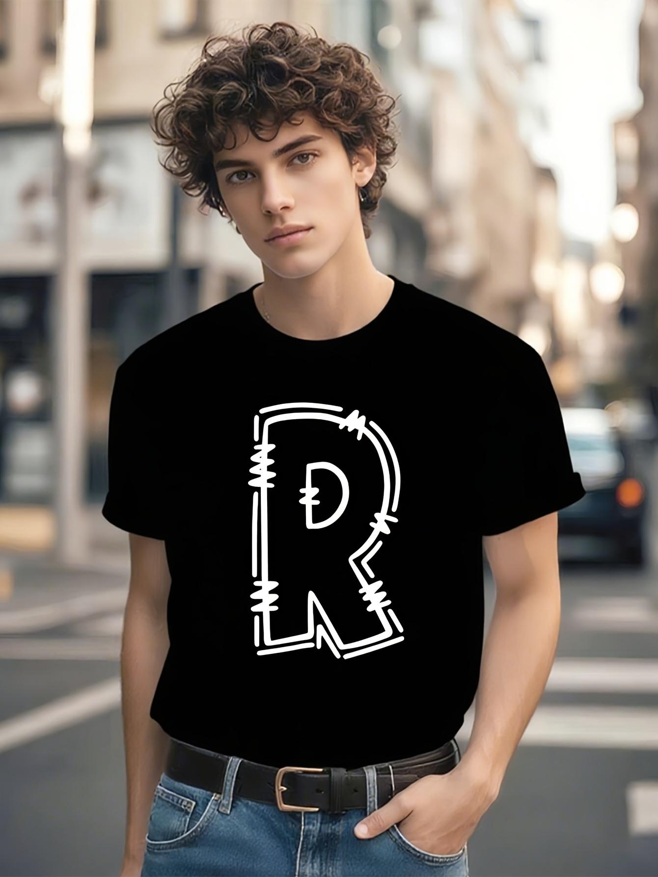 Black Cotton Tshirt - Bold White R Letter Graphic Tee M