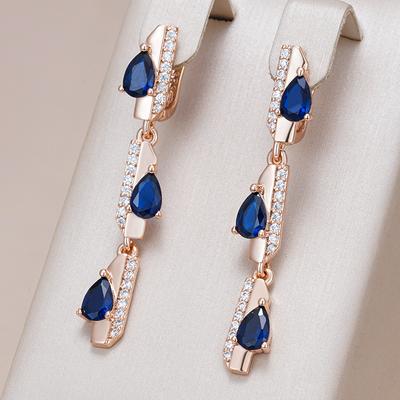 Full Blue Natural Zircon Geometry Long Dangle Earrings For Women Fashion  Rose Gold Color High Quality Daily Jewelry