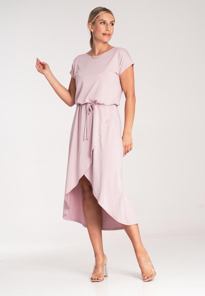 Asymmetrical Midi Dress - Dress With Tie - M1041 Pink Xl