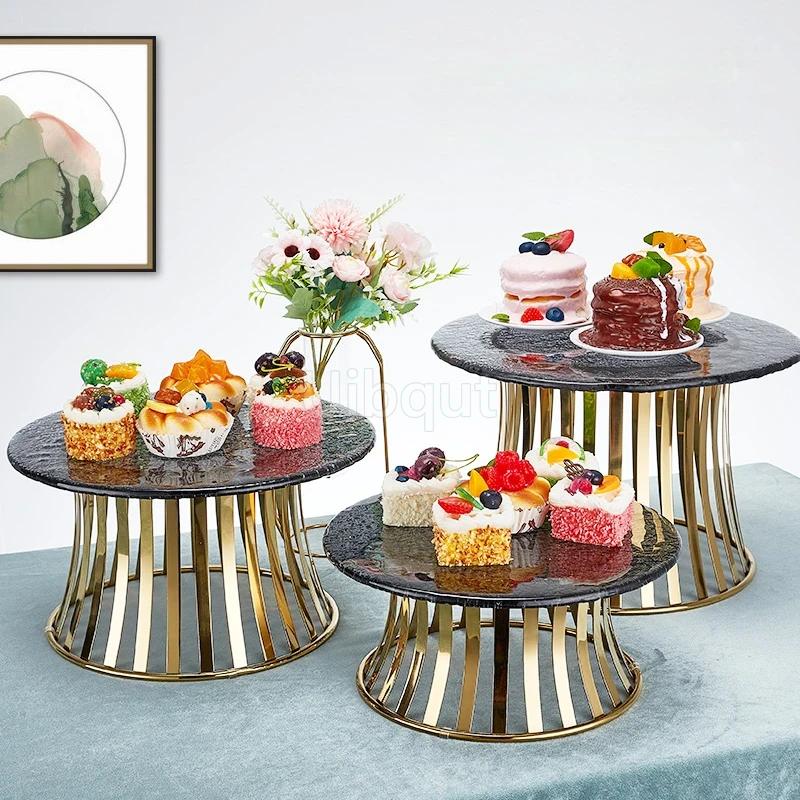 Gold Dessert Table Decorations Display Show Stand Buffet Wedding Banquet Tea Break Table Fruit Platter Cake Round Dessert Tray