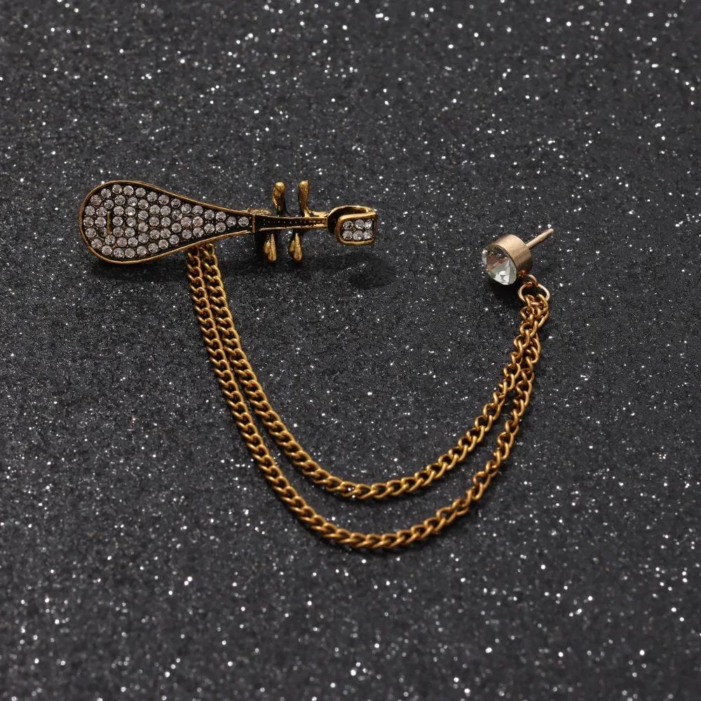British Style High-end Maple Leaf Brooch with Rhinestone Chain Fashion Vintage Tassel Badge Lapel Pin for Men's Suit Accessories