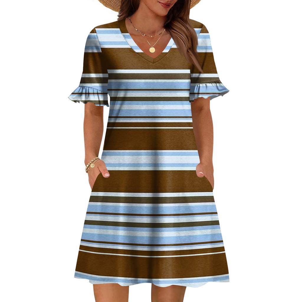 Damen A-Linie Sommerkleid Kurzarm V-Ausschnitt Bedrucktes Kleid Mit Taschen