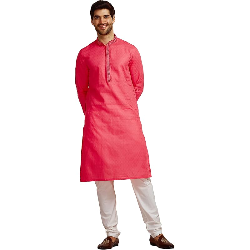 Manyavar Pink All Over Self Design Full Sleeve Cotton Kurta Set | Traditional Kurta Set For Men (XL)