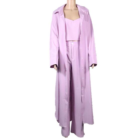 Set 3 Pezzi/Set Top Pantaloni Cappotto Donna Colore Unico Scollo a V Profondo Corto